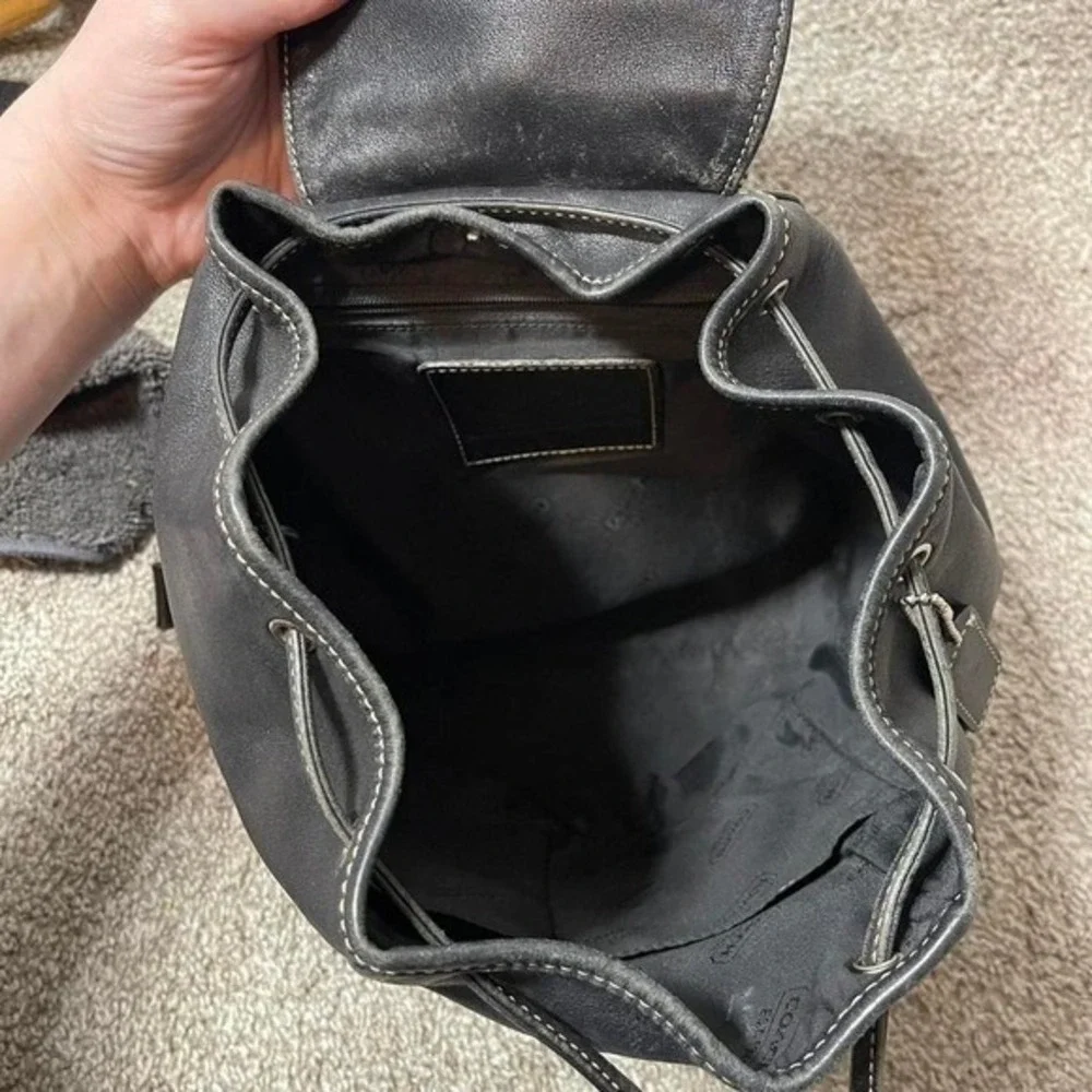 Coach 9569 Vintage Black Leather Drawstring Closure Backpack With Buckle Detail
